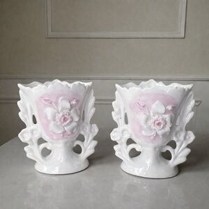 Pair Vieux Paris Vases Old Paris Porcelain 3D Rose Pink White Mantel Decor Vtg